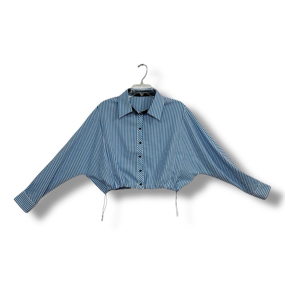 Emerson Lang Blue White Striped Cropped Button Up Drawstring Shirt Women Medium
